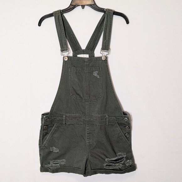 FOREVER 21 Olive Green Distressed Denim Short-Alls Romper; Size 29 - Picture 1 of 5